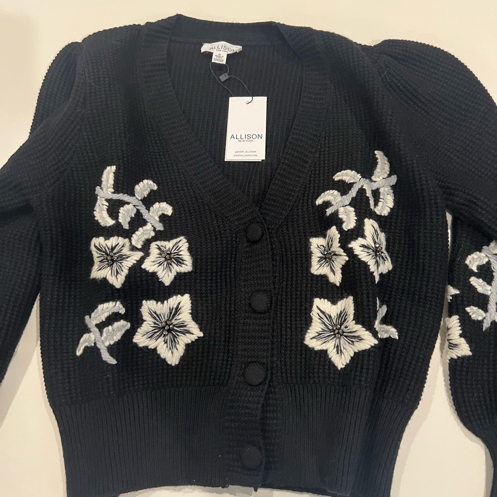 Allison Black Cardigan with White Floral Design